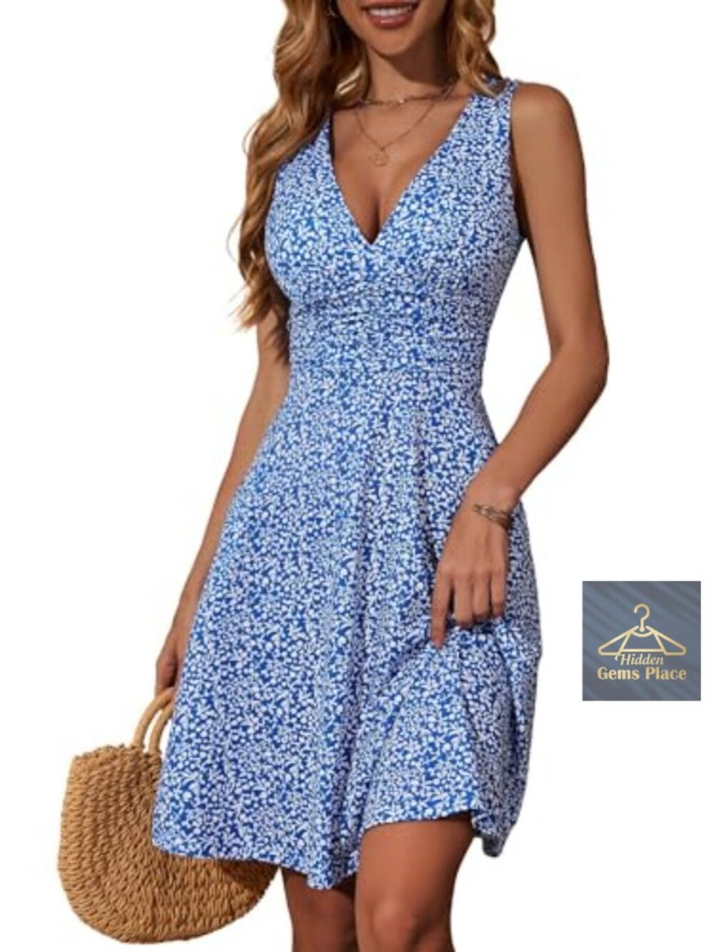 Sleeveless Deep V Neck Floral Sundress with Pockets Flowy Summer Dress for Women